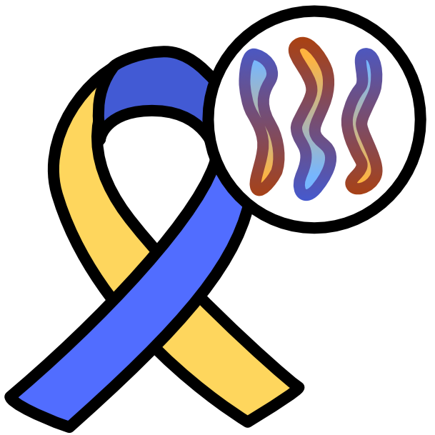 A blue and yellow ribbon with a white circle overlapping with it at the top left of the image. Inside the circle are 3 squiggles representing chromosomes. Each squiggle has a blue to yellow gradient. The image has dark line art. 